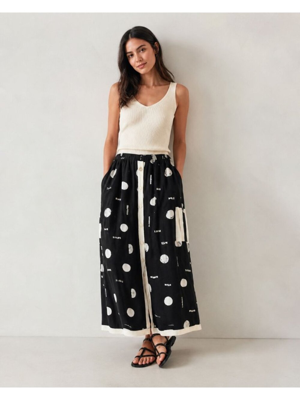 Simple People Midi Skirt Black Polka Dot Stripe Button Front Lagenlook Size L - Picture 11 of 11